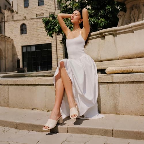 Ancomafio Women's Heeled Sandals Raffia Sandals Square Open Toe Heels Backless Mules Slip On Block Heels Beige Size 8 - Thumbnail 5