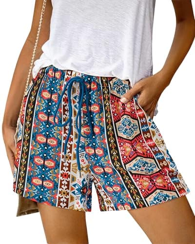 BTFBM Womens Boho Spring Shorts 2026 Beach Vacation Clothes Elastic Waist Casual Printed Loose Short Lounge Pant Pockets(Print Navy, Medium) - Image 1