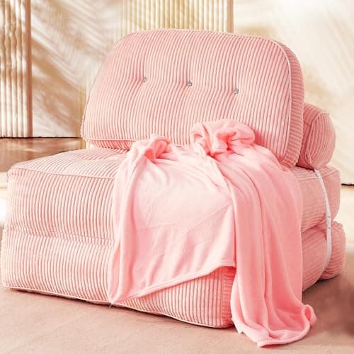NESLAKO Folding Sofa Bed, Flannel Futon Couch Bed with Pillow and Blanket, Convertible Sleeper Chair for Living Room Bedroom, Pink - Image 1
