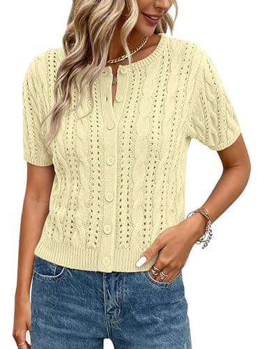 MASCOMODA Women Summer Cable Knit Crochet Cardigan Sweaters Casual Button Short Sleeve Sweater Cute Beach Hollow Out Knit Top(Yellow,XX-Large) - Image 1