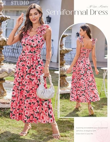 GRACE KARIN 2025 Women's Summer Floral Print Dress Sleeveless Casual Flowy Sundress A Line Ruffle Wedding Guest Outfit Red Floral M - Thumbnail 2