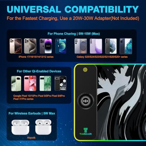 TARKARI Magnetic Wireless Charging RGB Mouse Pad, Large Gaming Desk Mat Waterproof, 31.5"x11.8" Black Mousepad, Ultra-Smooth Surface, Non-Slip Rubber Base, Desk Pad for Keyboard Laptop - Thumbnail 3