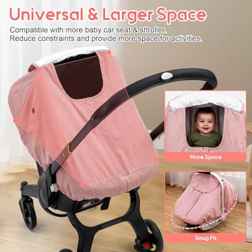Car Seat Cover Baby Girl, Waterproof Infant Car Seat Canopy with Peep Window and Breathable Holes, Warm Carseat Cover with Plush Dots Lining for Cold Weather - Thumbnail 5