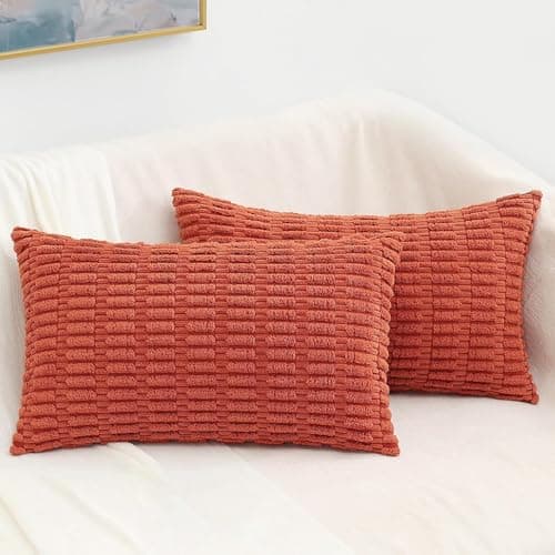 decorUhome Dark Rust Neutral Decorative Throw Pillow Covers 12x20 Inch Set of 2, Boho Soft Corduroy Striped Rectangle Pillow Covers Modern Twill Pillow Covers for Couch Bed Sofa Living Room - Image 1
