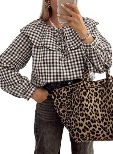 Astylish Womens Cute Peter Pan Bow Tie Blouse Top Casual V Neck Fashion Ruffle Long Sleeve Elegant Gingham Plaid Work Blouses 2026 Spring Shirts Coffee XX-Large - Image 1
