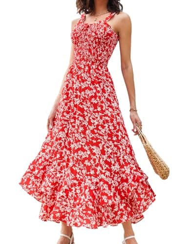 GRACE KARIN Women's 2025 Summer Floral Boho Dress Square Neck Strapped Swing A Line Sundress Beach Long Maxi OutfitsRed L - Image 1