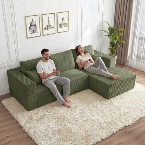 92.5" Modular Sectional Sofa, L-Shape Cloud Couch with Deep Seats & Chaise, 4-in-1 Covertible Corduroy Boneless Couches for Living Room, Bedroom, No Need Assembly - Green - Thumbnail 3