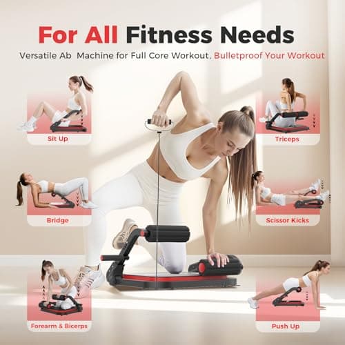 Ab Machine,Sit Up Exercise Equipment& Core Machine, Workout Equipment,Adjustable Ab Trainer with 3 Resistance Levels and Removable Auxiliary Handle,Home Gym Fitness Equipment for All Ages Red - Thumbnail 2