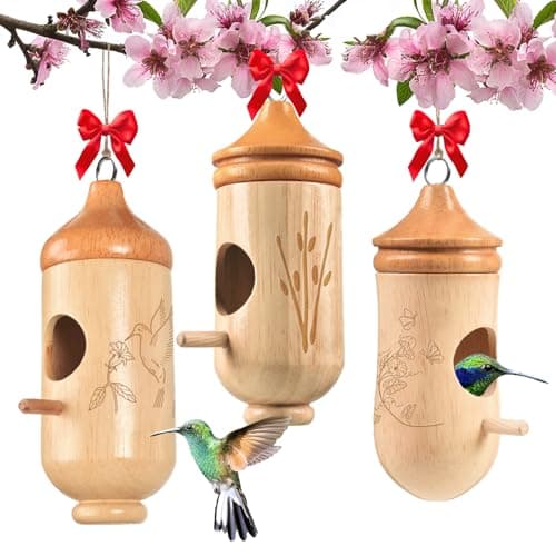 Hummingbird House, Solid Wood Hummingbird Houses for Outside-Exquisitely Handcrafted Birdhouse with Ribbon and String Hanging Kit, Durable Garden Decor, Perfect Gardening Gift (Style-ABC, 3 Pack) - Image 1
