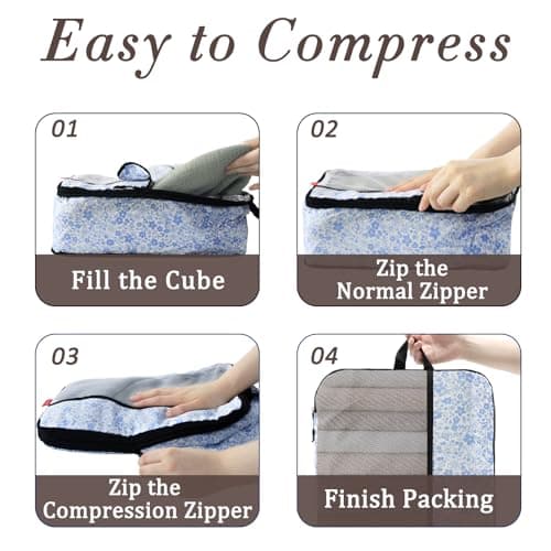 U+U 8 Set Compression Packing Cubes - Ultralight Travel Organizers with Laundry Bag and Cosmetic Bag, Space-Saving Suitcase Organizer for Travel, Business Trip and Family Vacation (Blue Flower) - Thumbnail 6