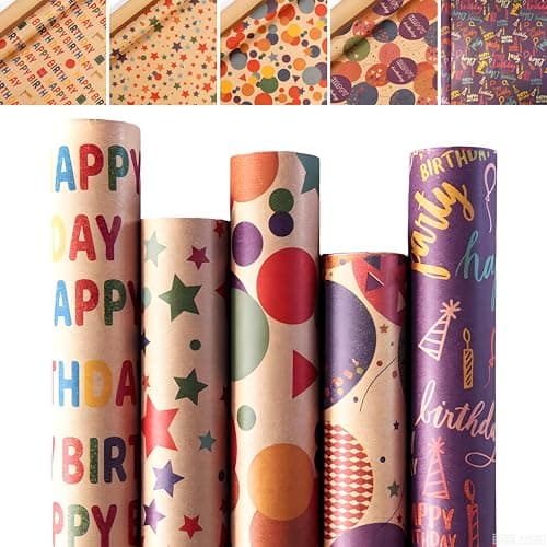 Homelyhi 5 Rolls Birthday Wrapping Paper, Five Cartoon Kraft Gift Wrap for Birthday Party Holiday Baby Shower, Recyclable Wrapping Paper Girl Boy Kids Adult, 17 Inch x 9.8 Feet - Image 1