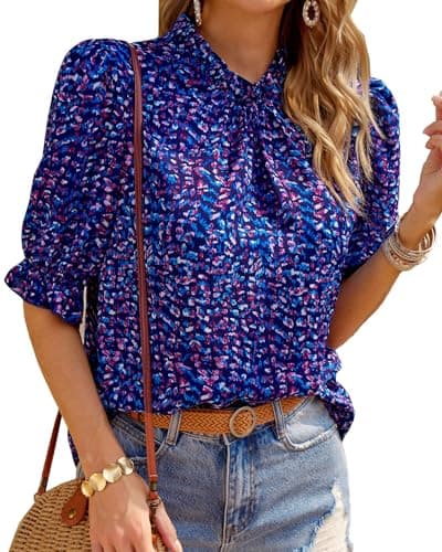 BTFBM Womens Tops 2026 Dressy Casual Blouses Summer Spring Clothes Mock Neck Short Sleeve Shirts Business Work Fall Outfits(Floral Purple Blue, X-Large) - Image 1