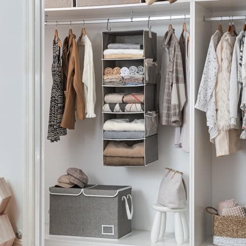 StorageWorks 5-Shelf Hanging Shelves for Closet, Foldable Hanging Closet Organizers with 2 Side Pockets, Portable Clothes Organizers for Bedroom, Wardrobe, 12 1⁄2" D x 15" W x 48" H, Gray - Thumbnail 6