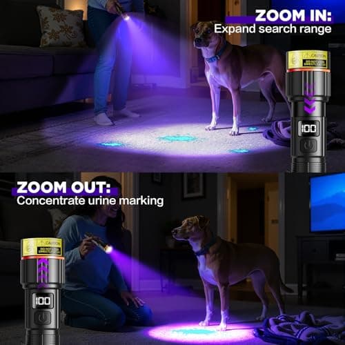 WdtPro UV Flashlight 395nm Super Bright, Rechargeable Black Light with LCD Display, IP65 Zoomable UV Light with Clip, Powerful Portable Blacklight for Pet Urine Stains, Scorpions, Resin Curing - Thumbnail 3