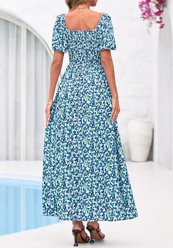 BTFBM Womens Spring Summer Dresses 2026 Square Neck Puff Short Sleeve Smocked Floral Boho Beach Wedding Guest Maxi Dress(Floral Blue Green, Large) - Thumbnail 3