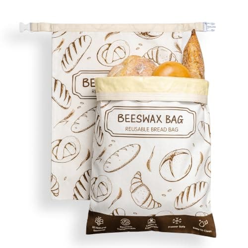 Augine Beeswax Bread Bag, Reusable Bread Bags for Homemade Bread, 2 Pack Beeswax Bread Bags for Sourdough, Natural Cotton Sourdough Bread Bag, Large Capacity