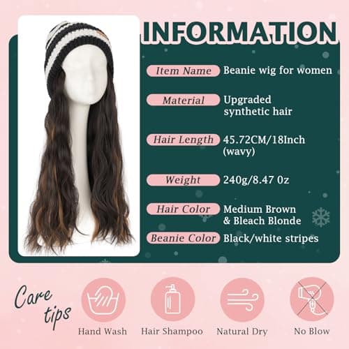 Benehair Beanie Wig for Women with Hair Attached 18'' Long Wavy Synthetic Hair Extensions Knitted Hat Keep Warm in Winter Christmas Gifts Medium Brown&Bleach Blonde - Thumbnail 2