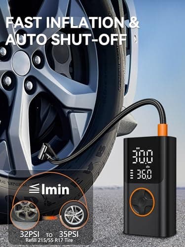 AIRSURE Tire Inflator Portable Air Compressor, Bike Pump with Gauge and USB Charging Output, 150PSI Fast Inflation Portable Tire Inflator for Car Bicycles Motorcycles Scooter Balls - Thumbnail 2