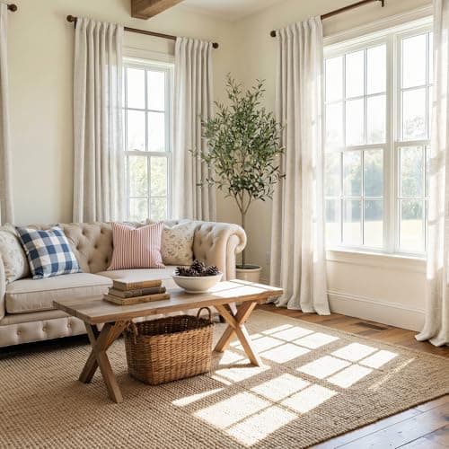 NICETOWN Semi Sheer Curtains 63 inch Length 2 Panels for Bedroom, Rod Pocket & Back Tab Faux Linen Blend Window Treatments Light Filtering Home Decor for Farmhouse, Natural, W55 x L63 - Thumbnail 2