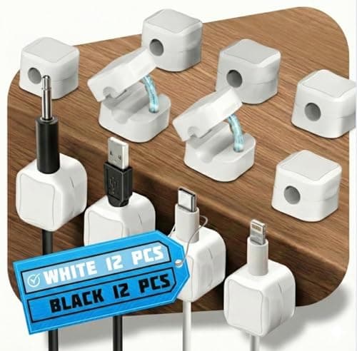 12 Pack Magnetic Cord Organizer White – Fast Locking System Cable Management for Desk, Nightstand & Car, Strong Adhesive Wire Clips, USB Cable Organizer, Phone Charger Cord Holder for Organized Spaces - Image 1