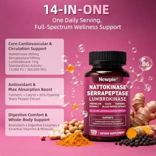 Nattokinase Supplement 12,000 FU - Systemic Enzymes Complex with Serrapeptase, Lumbrokinase & CoQ10 - Supports Cardiovascular Health, Blood Flow & Circulation - 120 Non-GMO Vegetarian Capsules - Thumbnail 4