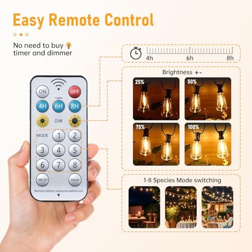 CRLIVOING Solar String Lights Outdoor Waterproof, 100FT Solar Powered Outdoor Lights with Remote, 52 Shatterproof with Edison Bulbs, LED String SolarLights for Garden, Backyard, Parties - Thumbnail 3