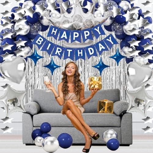 Navy Blue Birthday Party Decorations Set – Blue Theme Supplies with Banner, Star Garland, Crown, Heart & Star Foil Balloons, Fringe Curtain, Cake Topper, Tablecloth, Confetti Balloons for Men & Women - Thumbnail 3