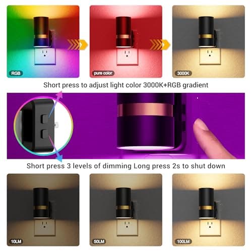 JandCase Night Lights Plug into Wall,2 Pack 10-Color Change RGB Night Light with Dusk to Dawn, 10/25/50/75/100LM Dimmable Plug in LED Nightlight for Bedroom, Hallway, Stairs - Thumbnail 5