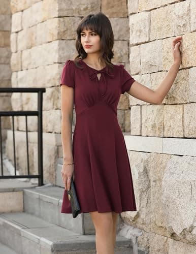 Women's 1950s Vintage A Line Wrap Dress Knee Length Round Neck Dress Hepburn Style Dress Wine Red XXL - Thumbnail 2