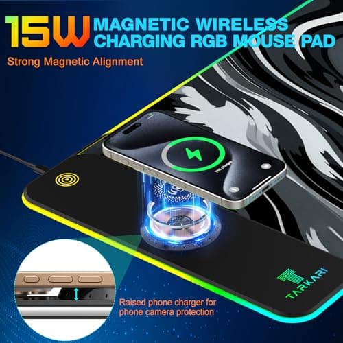 TARKARI Magnetic Wireless Charging RGB Mouse Pad, Large Gaming Desk Mat Waterproof, 31.5"x11.8" Black Mousepad, Ultra-Smooth Surface, Non-Slip Rubber Base, Desk Pad for Keyboard Laptop - Thumbnail 2