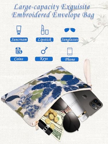 EGOUE Clutch Purses for Women, Embroidered Floral Clutch Bag with Leather Wrist Strap for Daily Travel, Parties & Wedding - Thumbnail 4