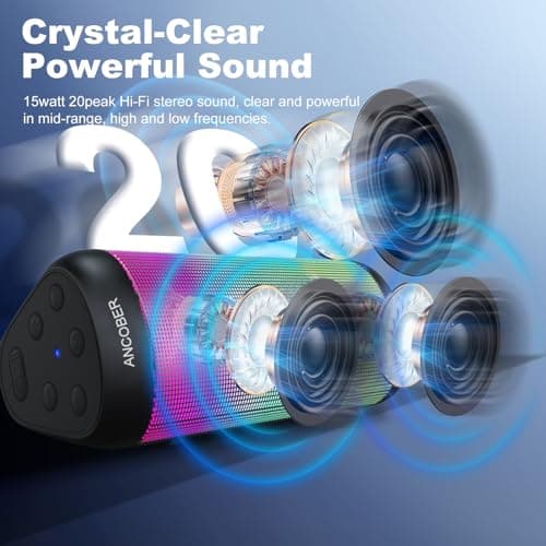 ANCOBER Portable Wireless Bluetooth Speaker with HD Powerful Stereo Sound, 8 Cool LED Light Modes, IPX4 Waterproof, 30H Playtime, TWS Pairing, BT5.3 with AUX-in, for Outdoor/Home/Party, Ideal Gift - Thumbnail 2