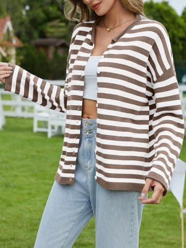 UNCLECAT Womens Striped Cardigan Sweater Casual Button Up Knit Tops Long Sleeve Sweaters Open Front Top Fall Coats Brown - Thumbnail 5