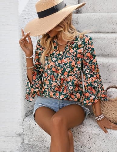 LOOKBOHO Tops for Women 3/4 Sleeve Floral Boho Blouses Sleeve Button V-Neck Casual Business Shirts Orange S - Thumbnail 2