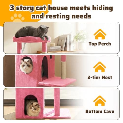 FURFAST Large Cat Tree Tower, 50 Inch Multi-Level Tower Cat Tree for Indoor Cats Large Adult, Cat Tower with Scratching Post, with Climbing Ladder, 2 Cat Caves Bed Cave, Cat Toys, Cat Houses,Pink - Thumbnail 4