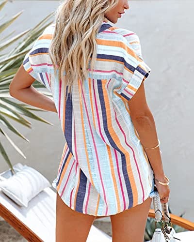 SySea Womens Short Sleeve Striped Shirts Casual Button Down V Neck Work Blouses Tops Orange - Thumbnail 2
