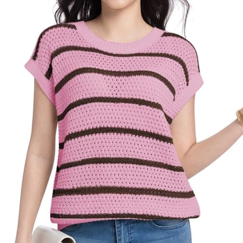 Womens Sweater Vest Round Neck Striped Short Sleeve Sweater Tops Casual Trendy Spring Fall Clothes(Pink+Brown Stripe,Small) - Image 1