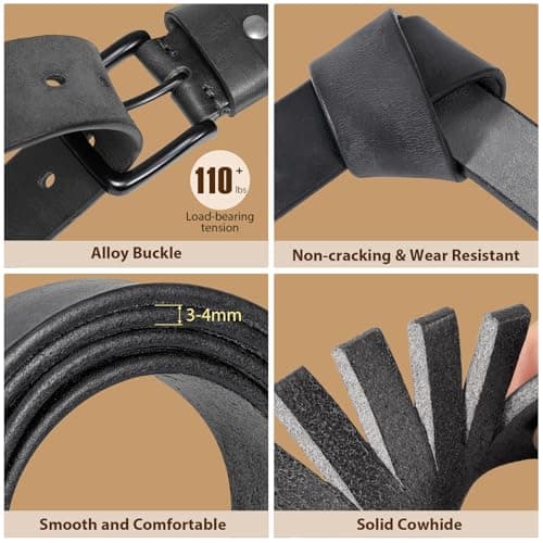 OZNDAS Men's Leather Belt Full Grain Leather Belts for Men Handmade Real Solid Top-Grain Leather Heavy-Duty Work Belt Gifts Grey Leather Belt for Wasit 40"-43" - Thumbnail 2