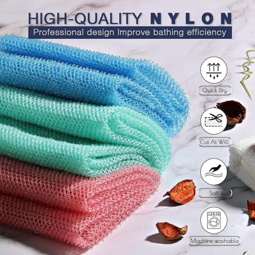 UJFQBH 3 Pieces African exfoliating net African Net Long Net Bath Sponge Exfoliating Shower Body Scrubber Back Scrubber Skin Smoother,Great for Daily Use (Pink, Blue, Green) - Thumbnail 4