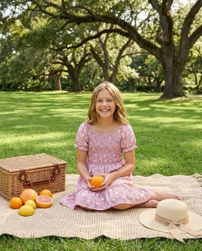 FREELYVE Girls Summer Floral Smocked Dress Square Neck Puff Sleeve Ruffle School Party Teen Sundress,Pink,12-13Y - Thumbnail 3