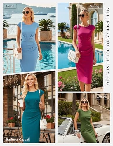 GRACE KARIN Womens Work Dress Crew Neck Cap Sleeve Dress Business Casual Ruched Midi Dresses Pink - Thumbnail 2