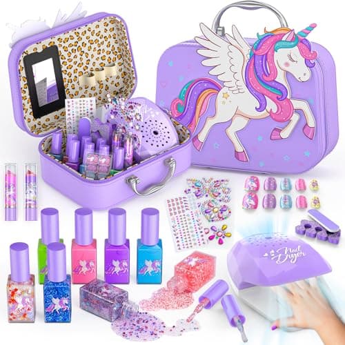 Glisiol Kids Nail Polish Set for Girls Toys, Washable Quick-Dry Toddler Nail Art Kit with Air Cooling Dryer and Cosmetic Case, Christmas or Birthday Gifts for Girls Ages 3 4 5 6 7 9 10 11 12-Purple - Image 1