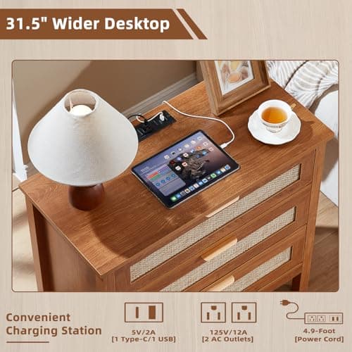 LEYAOYAO 31.5" Wide Rattan Night Stand with Charger Station, Large Boho 3 Drawer Nightstand, Teac Brown Bedside Table with Storage, 30" Tall Bed Side End Tables for Bedroom, Living Room, Hallway - Thumbnail 4