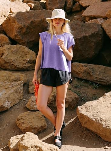 MIHOLL Womens Summer Tops 2026 Short Sleeve Cropped Loose Cotton Workout Yoga Open Back Pilates Yoga Shirts (Purple, Large) - Thumbnail 3