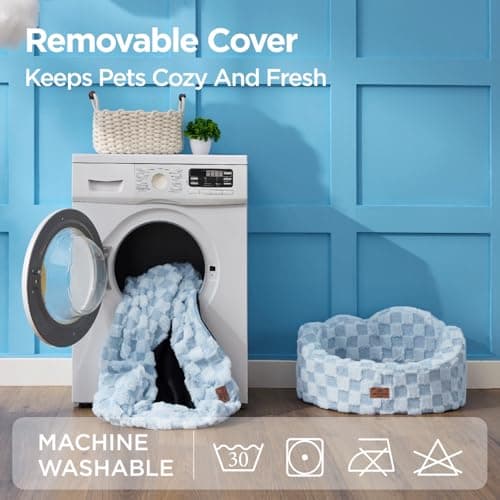 Joydeco Cloud Dog Bed for Small Dogs & Cats, Washable Pet Bed with Orthopedic Foam and Removable Checkered Plush Pad, Non-Slip Bottom for Indoor Puppies and Kittens, 22x20 Inch, Light Blue - Thumbnail 5