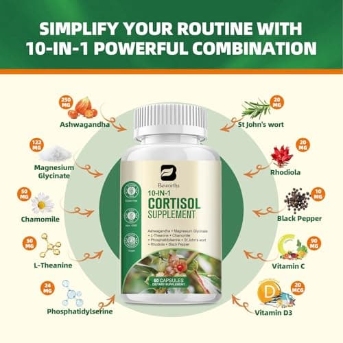 B BEWORTHS Cortisol Supplements for Women Men, 10-in-1 Cortisol Reducer Manager Supplements with Ashwagandha, Magnesium Glycinate, L-Theanine, Rhodiola, Non-GMO, 60 Vegan Capsules - Thumbnail 2
