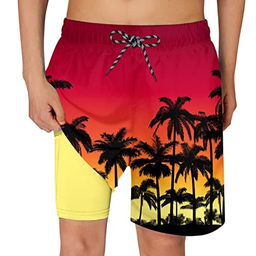 Cozople Boys Palm Tree Swim Trunks Quick Dry UPF Boxer Brief Liner Swimwear Bathing Suits Summer Surfing Beach Boardshorts Swimsuit with Inner Compression Shorts Lining - Thumbnail 2