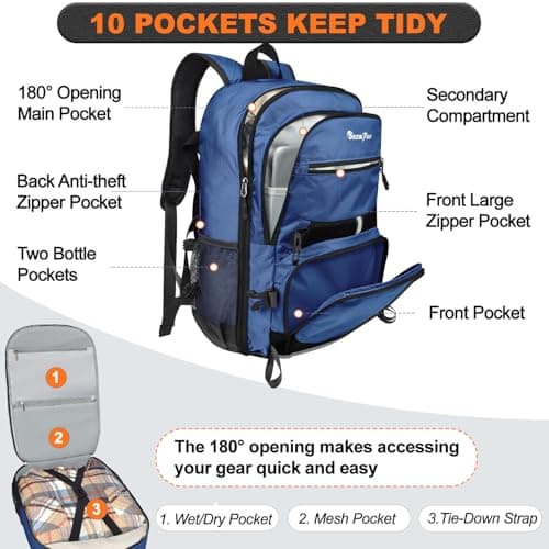 Seektop Lightweight Travel Backpack for Men Women, Multiple Pockets 40L Hiking Backpack Foldable Carry on Backpack for Outdoor Camping Sport Leisure (Blue) - Thumbnail 2