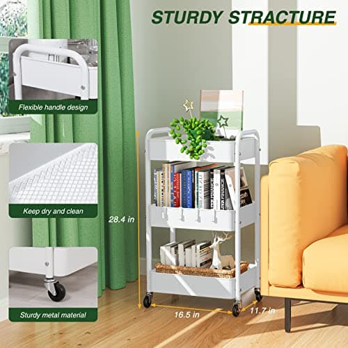 LEHOM 3 Tier Rolling Storage Cart, Metal Trolley Utility Cart with Wheels & Hooks, Easy Assembly Organizer Storage Cart for Bathroom Kitchen Office Bedroom - Thumbnail 3