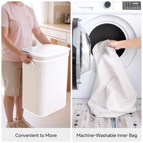 StorageWorks Laundry Hamper with Lid, Foldable Bamboo Laundry Basket, Clothes Hamper with Handles, Organizer and Storage for Laundry Room, Bedroom, Dorm, White - Thumbnail 3